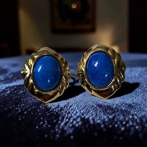 Vintage Gold Tone Blue Gemstone Like Earrings